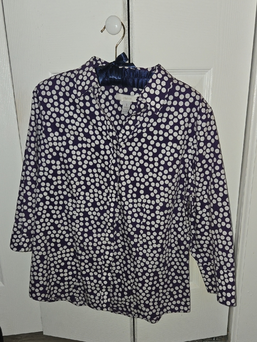 Chico's NON IRON Purple and White Polka Dot Blouse
